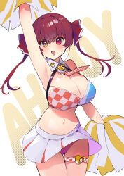 Rule 34 | &gt;:), 1girl, :d, alternate costume, arm up, armpits, breasts, cheerleader, cleavage cutout, clothing cutout, crop top, detached collar, dismassd, hair ribbon, heterochromia, highres, hololive, houshou marine, large breasts, midriff, miniskirt, navel, no nose, open mouth, panties, pantyshot, pom pom (cheerleading), red eyes, red hair, ribbon, short hair with long locks, skirt, smile, solo, thigh gap, thigh strap, twintails, underwear, v-shaped eyebrows, virtual youtuber, yellow eyes