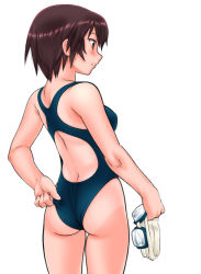 Rule 34 | 1girl, adjusting clothes, adjusting swimsuit, ass, azumanga daiou, competition swimsuit, goggles, unworn goggles, kagura, kagura (azumanga daioh), one-piece swimsuit, one-piece tan, simple background, solo, swim cap, swimsuit, tan, tanline, white background