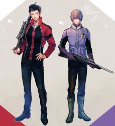 Rule 34 | 2boys, black hair, blue eyes, blunt bangs, boots, brown hair, full body, gloves, gun, hand on own hip, height difference, holding, holding gun, holding weapon, jacket, long sleeves, looking at viewer, lupicam, male focus, multiple boys, narasaka touru, pants, pants tucked in, pompadour, purple gloves, rifle, side-by-side, standing, touma isami, uniform, weapon, world trigger