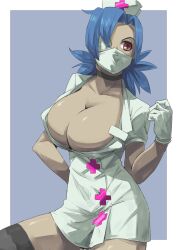 Rule 34 | 1girl, blue background, breasts, choker, cleavage, collarbone, colored skin, gloves, grey skin, hair over one eye, hat, highres, large breasts, latex, latex gloves, mask, mouth mask, nurse cap, otu 025, red eyes, skullgirls, solo, surgical mask, symbol-shaped pupils, thighhighs, valentine (skullgirls)
