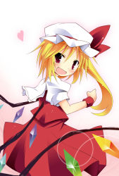 Rule 34 | 1girl, blonde hair, blouse, embodiment of scarlet devil, female focus, flandre scarlet, from side, gradient background, hair between eyes, hat, heart, highres, hinata ichi, mob cap, pink background, red eyes, shirt, side ponytail, solo, touhou, white shirt, wings