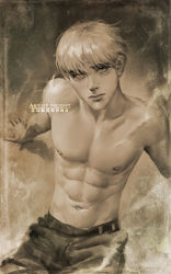 Rule 34 | 1boy, abs, arm support, armin arlert, art of neight, artist name, brown theme, closed mouth, commentary, english commentary, facial mark, highres, leaning back, lips, logo, looking at viewer, looking up, male focus, monochrome, navel, nipples, pants, shingeki no kyojin, short hair, solo, steam, topless male, twitter logo