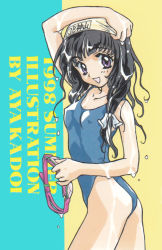 Rule 34 | 1990s (style), 1998, 1girl, :d, arm up, black hair, bow, collarbone, dated, eyebrows, from side, goggles, unworn goggles, hair over shoulder, holding, kadoi aya, kakyuusei, kamiyama miko, long hair, looking at viewer, low-tied long hair, one-piece swimsuit, open mouth, purple eyes, retro artstyle, skin tight, smile, solo, swim cap, swimsuit, twisted torso, wet, white bow
