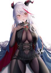 Rule 34 | 1girl, absurdres, aegir (azur lane), azur lane, bare shoulders, black cape, black gloves, black panties, bodystocking, breast curtains, breasts, cape, covered navel, cross, cross earrings, demon horns, earrings, elbow gloves, gloves, highres, horns, iron cross, jewelry, large breasts, long hair, looking at viewer, multicolored hair, panties, red hair, revealing clothes, rib (rib delesetong), simple background, sitting, skin tight, solo, streaked hair, thighs, two-tone hair, underwear, very long hair, white background, white hair, yellow eyes