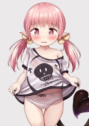 Rule 34 | 1girl, blush, bow, bow panties, collarbone, commentary request, demon girl, demon tail, grey background, hair bobbles, hair ornament, highres, lifted by self, long hair, looking at viewer, low twintails, mochiyuki, off shoulder, original, panties, parted lips, pink hair, pointy ears, print shirt, red eyes, shirt, short sleeves, simple background, skull print, solo, standing, tail, tears, thigh gap, twintails, underwear, wavy mouth, white panties, white shirt