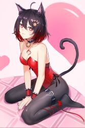 Rule 34 | + +, 1girl, :3, absurdres, ahoge, animal ear fluff, animal ears, bare shoulders, bell, black nails, black pantyhose, bob cut, breasts, cat ears, cat girl, cat tail, cleavage, closed mouth, collar, fang, full body, heart, highres, honkai (series), honkai impact 3rd, latex, latex leotard, leotard, medium breasts, nail polish, neck bell, no shoes, nukw27, pantyhose, pink background, red eyes, red hair, red leotard, seele (alter ego), seele vollerei, seiza, short hair, sitting, smile, solo, strapless, strapless leotard, tail, tattoo