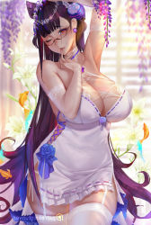 Rule 34 | 1girl, armpits, arms up, blush, breasts, bridal gauntlets, brown hair, cleavage, cone hair bun, cowboy shot, double bun, dress, fate/grand order, fate (series), finger to mouth, fish, flower, garter straps, glasses, gloves, groin, gtunver, hair between eyes, hair bun, hair ornament, halter dress, halterneck, highres, huge breasts, lace, lace gloves, large breasts, long hair, looking at viewer, murasaki shikibu (fate), navel, one eye closed, panties, parted lips, purple eyes, purple flower, red eyes, semi-rimless eyewear, side-tie panties, solo, stomach, thighhighs, two side up, underwear, very long hair, white flower, white thighhighs