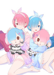 Rule 34 | 2girls, absurdres, alternate costume, blue eyes, blue hair, blue hairband, character doll, dress, frilled dress, frills, hair ornament, hair over one eye, hairband, highres, holding, holding stuffed toy, long sleeves, looking at viewer, multiple girls, off shoulder, official art, open mouth, pillow, pink eyes, pink hair, pink hairband, ram (re:zero), re:zero kara hajimeru isekai seikatsu, rem (re:zero), short hair, siblings, simple background, sisters, smile, stuffed toy, twins, white background, x hair ornament