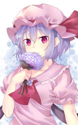 Rule 34 | 1girl, arm up, ascot, bat wings, blue background, blue hair, breasts, brooch, covering own mouth, doitsuudon, flower, gradient background, hair between eyes, hat, hat ribbon, highres, holding, holding flower, hydrangea, jewelry, looking at viewer, mob cap, pink hat, pink shirt, puffy short sleeves, puffy sleeves, red ascot, red eyes, remilia scarlet, ribbon, shirt, short hair, short sleeves, slit pupils, small breasts, smile, solo, thick eyebrows, touhou, upper body, white background, wings