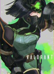 1girl animification belt black_belt black_gloves bodysuit breasts chromatic_aberration colored_smoke gado_(zegisia08) gloves green_bodysuit green_eyes highres holding looking_at_viewer mask medium_breasts mouth_mask smoke solo valorant viper_(valorant) walking