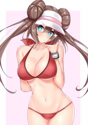 Rule 34 | 1girl, bare shoulders, bikini, blue eyes, blush, border, breasts, brown hair, cleavage, commentary request, creatures (company), double bun, game freak, hair between eyes, hair bun, highres, large breasts, long hair, looking at viewer, navel, nintendo, pink background, pokemon, pokemon bw2, pokemon masters ex, red bikini, rosa (pokemon), sankakusui, simple background, smile, solo, sparkle, swimsuit, thighs, twintails, visor cap, white border, wristband