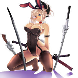 Rule 34 | 1girl, animal ears, asymmetrical hair, black leotard, blue eyes, blush, breasts, cleavage, collarbone, cosplay, covered navel, detached collar, fake animal ears, fake tail, fate/grand order, fate (series), fishnet thighhighs, fishnets, garter straps, gunblade, hand on own chest, highleg, highleg leotard, highres, large breasts, leotard, long hair, looking at viewer, miyamoto musashi (fate), miyamoto musashi (fate/grand order), miyamoto musashi (swimsuit berserker) (fate), miyamoto musashi (swimsuit berserker) (fate) (cosplay), ookami makoto, oversized breast cup, pink hair, playboy bunny, rabbit ears, rabbit tail, side-tie leotard, simple background, solo, strapless, strapless leotard, tail, thighhighs, thighs, tongue, weapon, white background, wrist cuffs