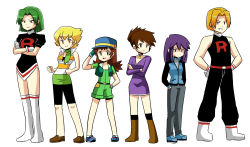 Rule 34 | 1boy, 5girls, absurdres, bare shoulders, barry (pokemon), belt, bike shorts, blonde hair, boots, brown eyes, brown hair, butch (pokemon), cassidy (pokemon), clenched hand, commentary, creatures (company), crossed arms, dress, flat chest, game freak, gary oak, gender request, genderswap, gloves, green hair, grin, hand on own hip, hands in pockets, hat, highres, jewelry, knee boots, maimai97, multiple girls, necklace, nintendo, open mouth, orange eyes, orange hair, paul (pokemon), pigeon-toed, pokemon, pokemon (anime), pokemon dppt (anime), popped collar, purple hair, ritchie (pokemon), scarf, short hair, simple background, smile, spiked hair, standing, team rocket, white background
