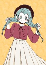 Rule 34 | 1girl, aged up, aqua eyes, aqua hair, beret, black hat, blouse, blush, braid, casual, collarbone, cowboy shot, hagoromo lala, hat, highres, holding, holding own hair, long skirt, long sleeves, looking at viewer, no antennae, noyuki1204, pleated skirt, pointy ears, precure, red ribbon, red shirt, ribbon, shirt, skirt, smile, solo, star twinkle precure, twin braids, white skirt, yellow background