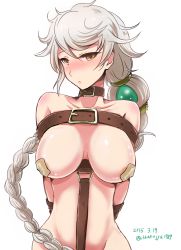 Rule 34 | 10s, 1girl, areola slip, arms behind back, asymmetrical hair, bad id, bad pixiv id, bare shoulders, bdsm, blush, bondage, bound, braid, breasts, brown eyes, covered erect nipples, expressionless, female focus, hair ornament, ikkakujyu1989, jitome, kantai collection, large breasts, long hair, looking at viewer, ponytail, revealing clothes, serious, silver hair, single braid, slave, solo, standing, twitter username, unryuu (kancolle), very long hair, wavy hair, yellow eyes