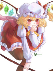 Rule 34 | 1girl, artist name, ascot, back bow, blonde hair, blush, bow, brown thighhighs, clenched hand, closed mouth, collared shirt, commentary request, crystal, dress, fingernails, flandre scarlet, frills, hair between eyes, hand up, hat, hat bow, highres, holding, holding weapon, juliet sleeves, laevatein (touhou), leg up, long sleeves, looking at viewer, mehibiki izuha, mob cap, multicolored wings, nail polish, one side up, orange ascot, pink bow, pointy ears, puffy long sleeves, puffy sleeves, red bow, red dress, red eyes, red footwear, red nails, shirt, shoes, short hair, simple background, smile, solo, standing, standing on one leg, thighhighs, touhou, weapon, white background, white hat, white shirt, wings
