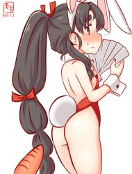 Rule 34 | 1girl, animal ears, ass, back, black hair, blush, bow, bowtie, brown eyes, carrot, covered navel, detached collar, embarrassed, fake animal ears, fake tail, folding fan, hair tie, hand fan, high ponytail, highleg, highleg leotard, kanon (kurogane knights), kantai collection, leotard, long hair, looking at another, multi-tied hair, nisshin (kancolle), one-hour drawing challenge, playboy bunny, rabbit ears, rabbit tail, red leotard, red ribbon, ribbon, ribbon-trimmed sleeves, ribbon trim, solo, strapless, strapless leotard, tail, traditional bowtie, very long hair, wrist cuffs