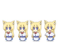 Rule 34 | 4girls, animal ears, animated, animated gif, apron, arms at sides, arms up, black burakku, blonde hair, blue dress, capelet, cat ears, chibi, closed mouth, dress, kemonomimi mode, long hair, long sleeves, multiple girls, music, open mouth, purple eyes, red neckwear, shanghai doll, singing, smile, touhou