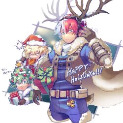 Rule 34 | 3boys, antlers, bakugou katsuki, bell, belt, belt buckle, belt pouch, blonde hair, blue eyes, blue jacket, blue pants, boku no hero academia, box, brown belt, brown gloves, buckle, burn scar, cape, christmas ornaments, commentary request, cropped legs, deer tail, fake antlers, food, freckles, fur-trimmed gloves, fur-trimmed headwear, fur-trimmed jacket, fur cape, fur trim, gift, gift box, gloves, green eyes, green hair, grey eyes, hair between eyes, hand up, happy holidays, hat, heterochromia, highres, holding, holding gift, holding sack, horns, jacket, jingle bell, long sleeves, male focus, meat, mecyo (mamezurushiki), midoriya izuku, mouth hold, multicolored hair, multiple boys, open mouth, pants, parted lips, pouch, red eyes, red hair, red headwear, red jacket, reindeer antlers, sack, santa hat, scar, scar on face, short hair, simple background, snow, snow on head, spiked hair, split-color hair, star (symbol), sweater, tail, todoroki shouto, translation request, turtleneck, turtleneck sweater, two-tone hair, v-shaped eyebrows, white background, white belt, white cape, white hair, white sweater