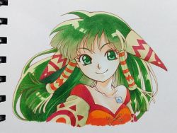 Rule 34 | 1girl, closed mouth, collarbone, feena (grandia), grandia, grandia i, green eyes, green hair, hair ornament, hair tubes, jewelry, long hair, looking at viewer, necklace, nekomaru, simple background, smile, solo, white background