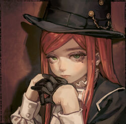 Rule 34 | 1girl, black border, black gloves, black hat, black jacket, blush, border, buttoned cuffs, closed mouth, collared shirt, cowboy hat, gloves, green eyes, half gloves, hat, highres, interlocked fingers, jacket, long hair, long sleeves, looking at viewer, mole, mole under eye, open clothes, open jacket, original, own hands together, portrait, red hair, shadow, shirt, sidelocks, solipsist, solo, surgeon cuffs, swept bangs, white shirt