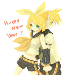 Rule 34 | 1boy, 1girl, back-to-back, blonde hair, brother and sister, detached sleeves, hair ribbon, holding hands, hetero, kagamine len, kagamine rin, midriff, miko machi, new year, ribbon, short hair, shorts, siblings, smile, twins, vocaloid