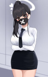 Rule 34 | 1girl, 82jhin, absurdres, alternate costume, arms under breasts, black hair, black mask, black skirt, blue archive, blunt bangs, breasts, covered mouth, crossed arms, halo, head tilt, heart, heart-shaped pupils, highres, large breasts, looking at viewer, mask, mouth mask, pencil skirt, ponytail, shirt, skirt, solo, sukeban (smg) (blue archive), symbol-shaped pupils, white shirt, x mark