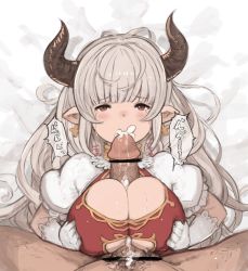 Rule 34 | 10s, 1boy, 1girl, alicia (granblue fantasy), bad id, bad pixiv id, breasts, censored, clothing cutout, cum, cum in mouth, cum on body, cum on breasts, cum on upper body, draph, earrings, fellatio, gloves, granblue fantasy, hanarito, hetero, highres, horns, jewelry, large breasts, oral, paizuri, paizuri under clothes, penis, pointless censoring, red eyes, silver hair, solo focus, tears, underboob cutout, white gloves
