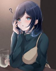 Rule 34 | 1girl, ?, blue eyes, blue hair, breasts, brown dress, commentary request, dress, green sweater, hand on own face, highres, kantai collection, large breasts, long hair, looking at viewer, official alternate costume, sa-ya2, solo, souryuu (kancolle), sweater, turtleneck, upper body