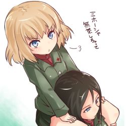 Rule 34 | 10s, 2girls, puff of air, black skirt, blonde hair, blue eyes, carrying, closed mouth, commentary request, girls und panzer, green jacket, jacket, katyusha (girls und panzer), kitayama miuki, long sleeves, looking at viewer, miniskirt, multiple girls, nonna (girls und panzer), pleated skirt, pravda school uniform, red shirt, school uniform, shirt, short hair, shoulder carry, sigh, skirt, standing, turtleneck, v-shaped eyebrows, white background