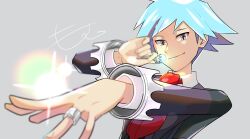 Rule 34 | 1boy, aqua hair, bad id, bad twitter id, black jacket, blue eyes, blurry, closed mouth, collared shirt, commentary, creatures (company), game freak, grey background, highres, holding, jacket, jewelry, long sleeves, looking at viewer, male focus, monaka mom, necktie, nintendo, pokemon, pokemon oras, red necktie, ring, shirt, short hair, smile, solo, spiked hair, steven stone, symbol-only commentary, upper body, white shirt