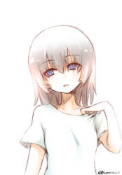 Rule 34 | 1girl, adjusting shirt, blue eyes, bright pupils, casual, commentary, girls und panzer, head tilt, itsumi erika, light frown, long hair, looking to the side, one-hour drawing challenge, parted lips, shirt, short sleeves, silver hair, simple background, solo, t-shirt, twitter username, umxzo, white background, white pupils, white shirt
