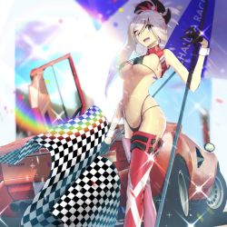 Rule 34 | 1girl, artist request, asymmetrical hair, black gloves, blue eyes, boots, breasts, car, checkered flag, countach, earrings, eyes visible through hair, fate/grand order, fate (series), flag, gloves, hair ornament, highleg, highres, holding, holding umbrella, jewelry, lamborghini, lamborghini countach, large breasts, midriff, miyamoto musashi (fate), motor vehicle, open mouth, pink hair, ponytail, race queen, rainbow, red footwear, red thighhighs, revision, solo, sweat, thigh boots, thighhighs, umbrella, underboob
