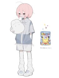 Rule 34 | 1girl, absurdres, ahoge, blush, candy, closed mouth, commentary, creatures (company), crossover, food, full body, game freak, gen 1 pokemon, glasses, grey jacket, gummy bear, hand in pocket, high collar, highres, holding, holding stuffed toy, jacket, looking to the side, myomuron, nintendo, original, pigeon-toed, pikachu, pink eyes, pink hair, pokemon, shoes, short hair, short sleeves, shorts, simple background, sneakers, solo, standing, stuffed toy, symbol-only commentary, white background, white leg warmers, white shorts