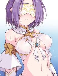 Rule 34 | 1girl, absurdres, artist request, blue background, blush, braid, breasts, cosplay, covered erect nipples, covered eyes, embarrassed, gradient background, highres, jun (princess connect!), kuroha koudai, medium breasts, navel, princess connect!, purple hair, short hair, yui (ceremonial) (princess connect!), yui (princess connect!), yui (princess connect!) (cosplay)