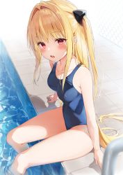 Rule 34 | 1girl, auui, bikini, blonde hair, blue one-piece swimsuit, blush, breasts, hair intakes, hair ornament, highres, konjiki no yami, long hair, looking at viewer, one-piece swimsuit, open mouth, red eyes, small breasts, solo, swimsuit, thighs, to love-ru, underwear, very long hair