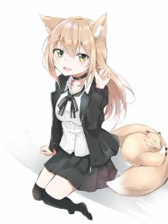 Rule 34 | 1girl, animal ear fluff, animal ears, arm up, black jacket, black neckwear, black ribbon, black skirt, black thighhighs, blonde hair, breasts, choker, commentary request, fang, fingernails, foreshortening, fox, fox ears, fox girl, fox tail, green eyes, hair between eyes, hand in own hair, highres, impossible clothes, impossible shirt, iyo (ya na kanji), jacket, long hair, looking at viewer, medium breasts, open clothes, open jacket, open mouth, original, over-kneehighs, pleated skirt, ribbon, school uniform, shirt, sitting, skirt, solo, tail, tail pillow, thighhighs, very long hair, white shirt