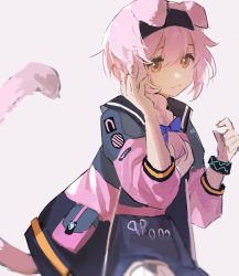 Rule 34 | 1girl, absurdres, animal ears, arknights, black hairband, black jacket, black skirt, blue bow, bow, bracelet, braid, brown eyes, cat ears, cat girl, cat tail, closed mouth, cowboy shot, eyebrows hidden by hair, goldenglow (arknights), hair bow, hairband, haku (muc12b), hands up, high-waist skirt, highres, holding, holding hair, infection monitor (arknights), jacket, jewelry, long hair, long sleeves, looking at viewer, open clothes, open jacket, pink hair, scissors, side braid, simple background, skirt, smile, solo, tail, white background