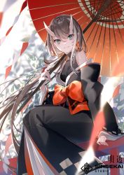 Rule 34 | 1girl, asu (sinsekai), bare shoulders, black kimono, black shirt, blue eyes, blurry, blurry background, brown hair, closed mouth, commentary request, copyright name, fang, highres, holding, holding umbrella, horns, japanese clothes, kimono, light smile, long hair, long sleeves, looking at viewer, miwano rag, obi, off shoulder, oil-paper umbrella, oni horns, red umbrella, sash, shinsekai keikaku sinsekai city project, shirt, sitting, skin fang, sleeveless, sleeveless shirt, solo, umbrella, virtual youtuber