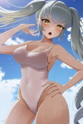 Rule 34 | 1girl, alternate costume, blue hair, blush, breasts, cleavage, covered navel, d:, day, drill hair, goddess of victory: nikke, highleg, highleg swimsuit, highres, large breasts, light blue hair, long hair, looking at viewer, milmil7, nail polish, one-piece swimsuit, open mouth, outdoors, pink nails, privaty (nikke), sky, solo, swimsuit, twintails, very long hair, wet, white one-piece swimsuit, yellow eyes