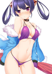 Rule 34 | 1girl, azur lane, bikini, blue coat, breasts, cleavage, closed mouth, coat, collar, collarbone, cowboy shot, dobunezumi, fur trim, gloves, gluteal fold, groin, hair rings, hairpods, highres, holding, holding behind back, long hair, long sleeves, looking at viewer, medium breasts, navel, ning hai (azur lane), ning hai (summer hunger) (azur lane), off shoulder, open clothes, open coat, purple bikini, purple gloves, red eyes, simple background, solo, standing, stomach, swimsuit, thighs, v-shaped eyebrows, white background
