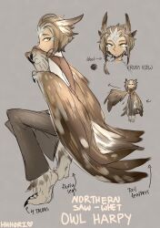 Rule 34 | 1girl, absurdres, artist name, bird legs, bird tail, brown background, brown feathers, brown vest, brown wings, claws, commentary, english commentary, english text, feather hair, feathered wings, feathers, harpy, hhhori, highres, looking at viewer, monster girl, multiple views, original, owl girl, pants, shirt, short hair, simple background, tail, talons, vest, white shirt, winged arms, wings