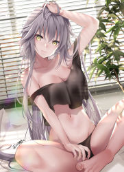 Rule 34 | 1girl, akatsuki hijiri, bare shoulders, blush, breasts, cleavage, collarbone, fate/grand order, fate (series), grey hair, highres, jeanne d&#039;arc alter (avenger) (fate), jeanne d&#039;arc alter (fate), large breasts, long hair, looking at viewer, navel, short hair, solo, thighs, very short hair, window blinds, yellow eyes