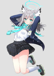 Rule 34 | 1girl, absurdres, animal ears, arms behind head, arms up, black skirt, blazer, blue archive, blue eyes, blue jacket, blue scarf, blush, cross hair ornament, full body, gloves, hair ornament, halo, highres, isakoro (hx9cj), jacket, jumping, kneehighs, knees together feet apart, legs folded, long hair, long sleeves, looking at viewer, midair, miniskirt, mismatched pupils, open clothes, open jacket, panties, pantyshot, plaid, plaid skirt, scarf, school uniform, shiroko (blue archive), shirt, skirt, smile, socks, solo, thighs, underwear, upskirt, white hair, white panties, white shirt