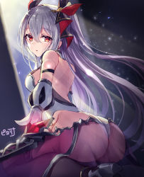 Rule 34 | 1girl, ass, bare back, commentary request, detached sleeves, doll joints, gemini seed, grey hair, hair ornament, highres, joints, long hair, looking at viewer, looking back, piyoyanagi, red eyes, see-through, signature, sitting, solo, very long hair, wariza