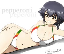 Rule 34 | 1girl, artist name, bikini, black hair, braid, breasts, brown eyes, bukkuri, character name, cleavage, commentary, dated, dutch angle, flag print, girls und panzer, grin, hand on own thigh, italian flag, large breasts, looking at viewer, lying, navel, on side, pepperoni (girls und panzer), short hair, side braid, signature, smile, solo, swimsuit, white bikini