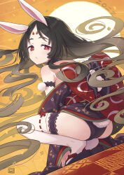 Rule 34 | 1girl, animal ears, ass, black hair, facial mark, floating hair, floral print, forehead mark, full body, hair spread out, highres, japanese clothes, kimono, long hair, long sleeves, looking at viewer, off shoulder, original, parted lips, print kimono, rabbit ears, rabbit tail, red eyes, sandals, solo, squatting, tail, tam-u, thighhighs, very long hair, white thighhighs, zouri