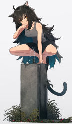 Rule 34 | 1girl, absurdres, ahoge, animal ear fluff, animal ears, bare arms, bare shoulders, barefoot, black hair, black skirt, breasts, cat ears, cat girl, cat tail, collarbone, drinking fountain, faucet, grey background, grey tank top, hand up, highres, long hair, looking at viewer, medium breasts, original, simple background, skirt, solo, spread legs, squatting, tail, tank top, tiptoes, tongue, tongue out, very long hair, wet, wozora, yellow eyes