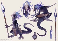Rule 34 | animal, animal focus, artist name, belt, blue sclera, bottle, character sheet, clothed animal, colored sclera, commentary, cropped torso, dagger, full body, highres, holding, holding staff, jewelry, knife, lizard, loincloth, looking at viewer, mask, multiple views, murayama ryota, neck ring, no humans, original, pink eyes, sheath, sheathed, signature, simple background, slit pupils, staff, standing, tail, tentacles, weapon, yellow background