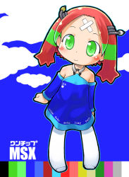 Rule 34 | 1chip msx, 1chip msx-tan, 1girl, bandaid, bandaid on face, bandaid on forehead, bare shoulders, blue background, blue dress, cable, cloud, color guide, crossed bandaids, detached sleeves, dress, full body, green eyes, green hair, moe (phrase), msx, multicolored hair, os-tan, pantyhose, personification, pigeon-toed, red hair, second-party source, sky, smile, solo, standing, translation request, two-tone hair